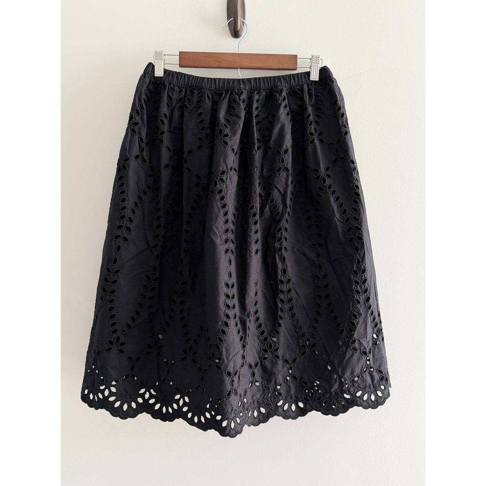 Frank & Eileen Black Eyelet Cotton Midi Skirt Elastic Waist Pockets Portugal XS
